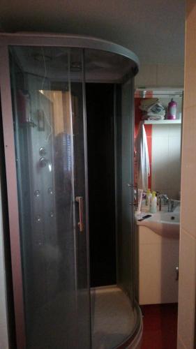 a glass shower in a kitchen with a sink at GALATA house along the river Danube in Radvaň nad Dunajom