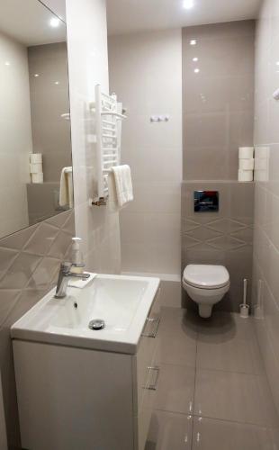 a bathroom with a white sink and a toilet at Pod Różami in Grzybowo