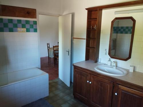a bathroom with a sink and a mirror and a tub at Appartement dans village calme à 5 min des lacs in Mathaux