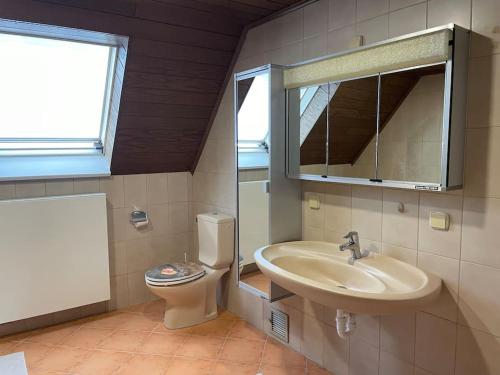 a bathroom with a sink and a toilet at Maisonette Apartment Family & Business nähe Heidelberg I Küche I 6 Schlafplätze in Sinsheim