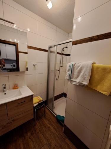 a bathroom with a shower and a sink at Appartement Haus Gatterer in Obertilliach