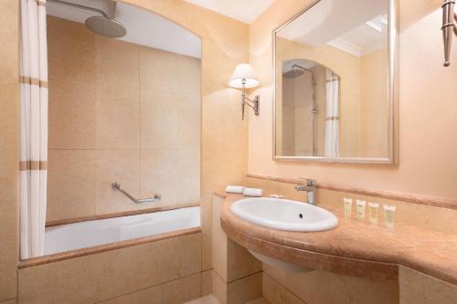 uma casa de banho com um lavatório, uma banheira e um espelho. em Courtyard by Marriott Rome Central Park em Roma