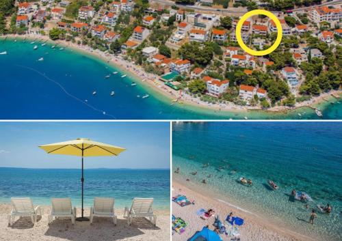 twee foto's van een strand met parasol en mensen in het water bij Villa Marko in Stanići