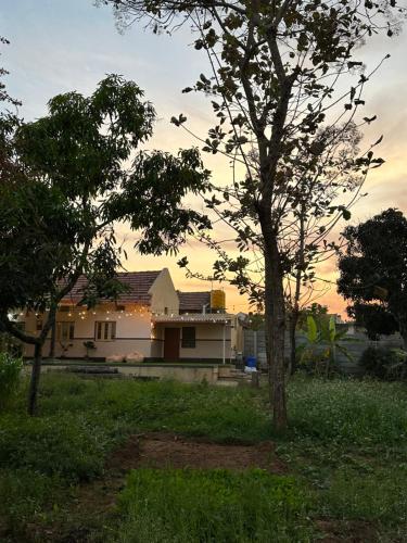 a house with a tree in front of it at Rustic Village Farmhouse in Bengaluru