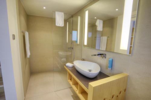 ein Bad mit einem Waschbecken und einer Dusche mit einem Spiegel in der Unterkunft Gasthof Rössle in Bad Dürrheim