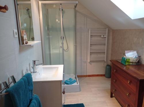 bagno con doccia, lavandino e lavandino di Chambres d'Hôtes Au Moulin 
