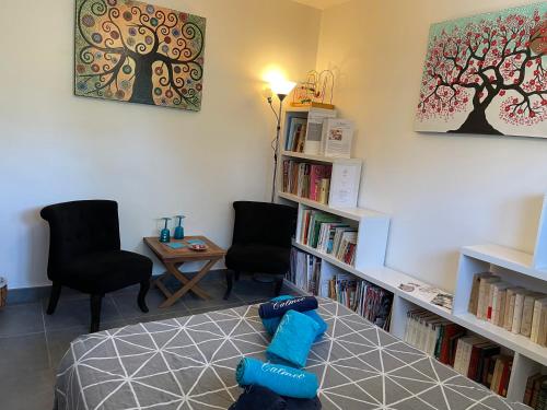 a bedroom with a bed and a book shelf with books at Chambre avec Spa et Sauna privatisés in Bourg-en-Bresse