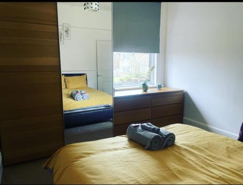 a bedroom with a mirror and a bed with a bag on it at Modern One Bed Apartment Greenwich in London