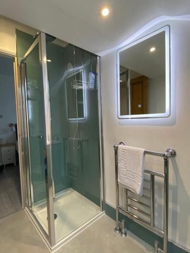 a shower with a glass door and a mirror at Little Trevio - seaside haven with parking and sea views in Brixham