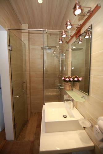 努沃勒埃利耶的住宿－Knightsbridge Grand Apartment，一间带水槽和玻璃淋浴的浴室