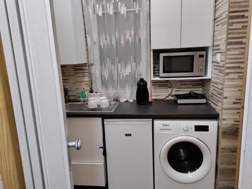 a kitchen with a washing machine and a microwave at Damjanich apartman in Kaposvár