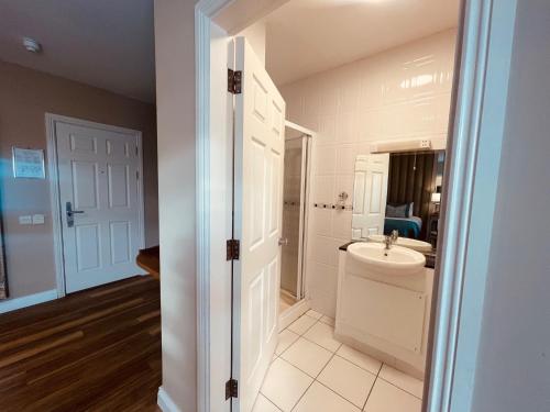 巴利納斯洛的住宿－Moycarn Lodge & Marina，白色的浴室设有水槽和卫生间。