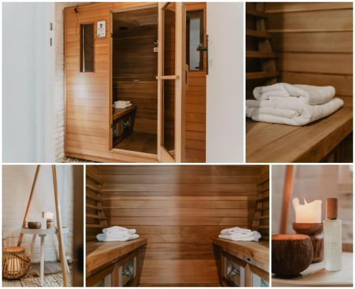 een kamer met een sauna met houten wanden en handdoeken bij Privesauna Huisje 33 in Ermelo