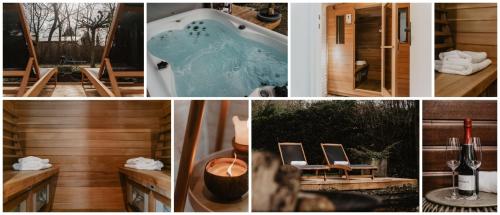 a collage of pictures of a bathtub with chairs and a room at Privesauna Huisje 33 in Ermelo