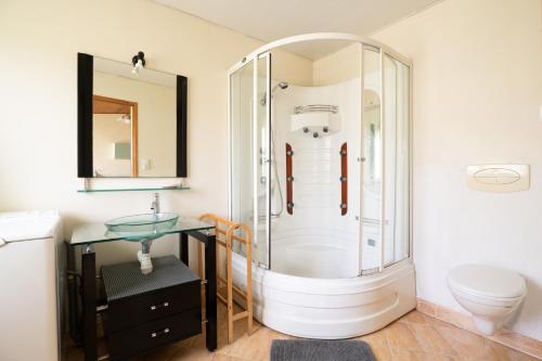 een badkamer met een douche, een wastafel en een toilet bij LaConciergerieJonzac, Résidence La Barberie in Saint-Martial-de-Vitaterne