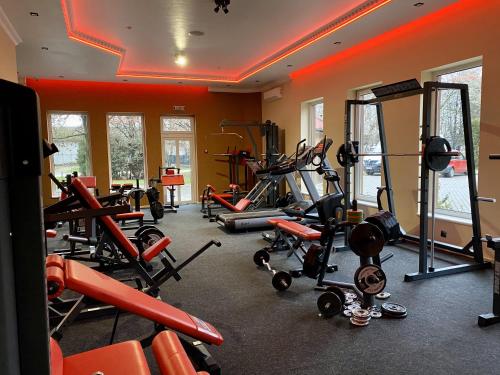 a gym with a bunch of equipment in a room at Sting Hotel & Event Palace in Velikaya Dobronʼ