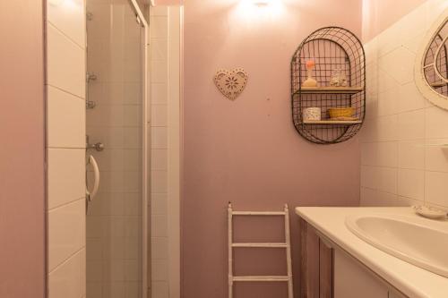 une salle de bain avec une douche, un lavabo et un miroir dans l'établissement Maisonnette La Chaleureuse, à Jonzac