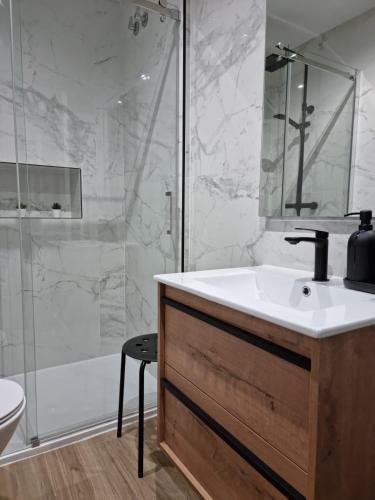 a bathroom with a sink and a shower at Casa Roman LUX in León