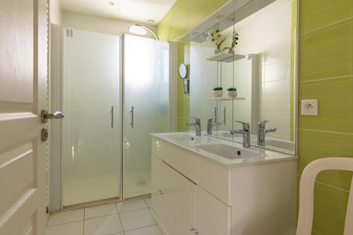 ジョンザックにあるLaConciergerieJonzac, Maison de ville ALAMBICのバスルーム(洗面台、ガラス張りのシャワー付)