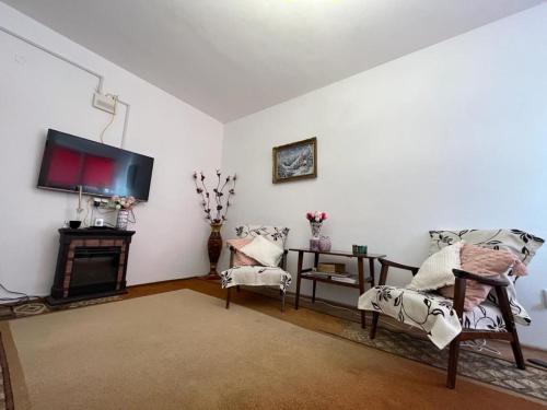 a living room with two chairs and a tv at Lala's sweet nest in Călimăneşti