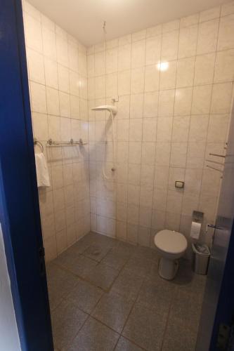 a bathroom with a toilet and a shower stall at Estação Brotense - Casa com piscina e fogueira exclusiva in Brotas