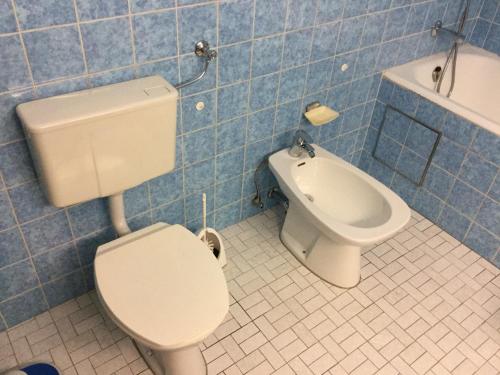 バートライヘンハルにあるApartment Panoramaの青いタイル張りのバスルーム(トイレ、ビデ付)