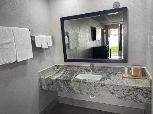 bagno con lavandino, specchio e asciugamani di Motel Savannah a Savannah