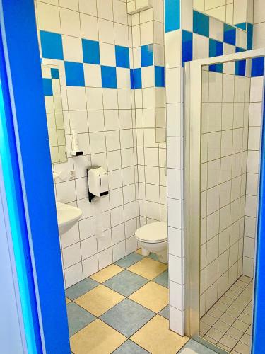 a bathroom with a toilet and a shower stall at Gästezimmer Puzwidu in Vienna