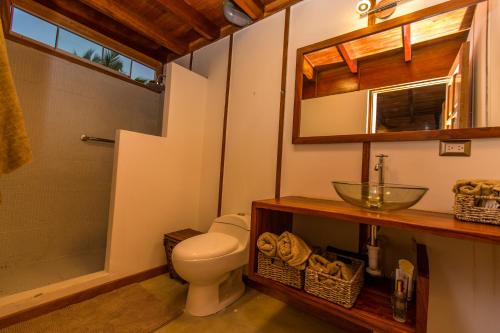 uma casa de banho com um WC, um lavatório e um espelho. em Zuzu Vichayito Casa para 9 con piscina em Los Órganos