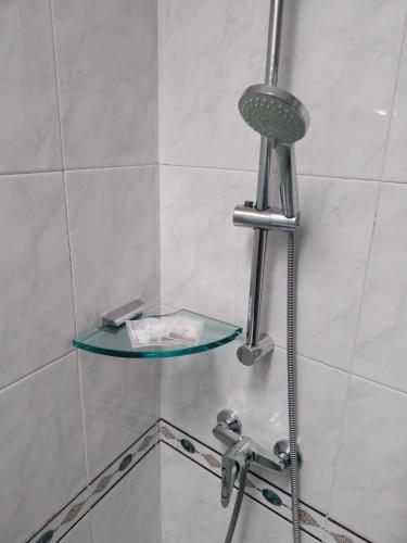 a shower with a glass shelf in a bathroom at Appartamento Memorie in Otranto