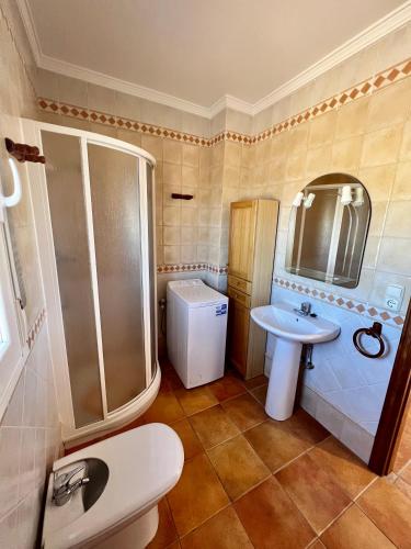 a bathroom with a shower and a toilet and a sink at Vivienda Vacacional VELEFIQUE in Velefique