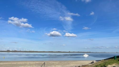 a boat in the water on a beach at Bed & Wellness Chinel Luxe vakantiehuis met Sauna's en Bubbelbad in Sint Annaland