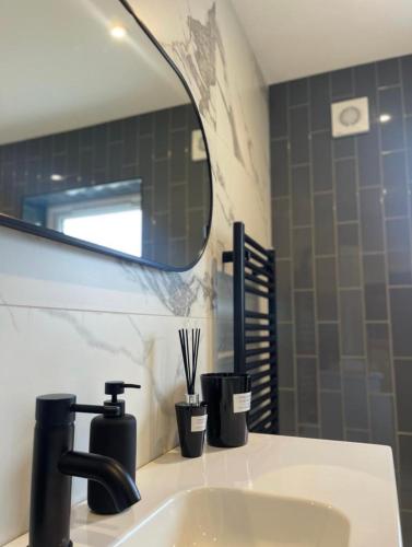a bathroom with a sink and a mirror at Harbour view apartment in Annalong
