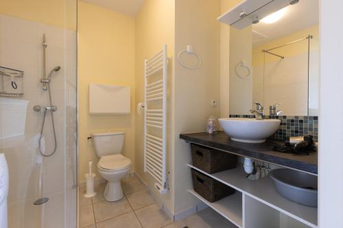 y baño con aseo, lavabo y ducha. en LaConciergerieJonzac, Appartement Belles Des Champs, en Jonzac