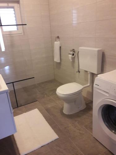a bathroom with a toilet and a washing machine at Apartment Splitska in Splitska
