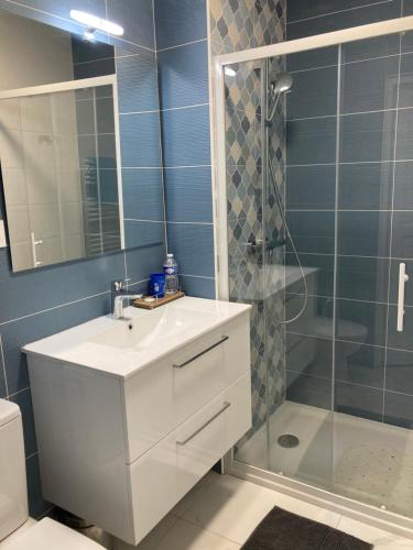 La salle de bains est pourvue d'un lavabo blanc et d'une douche. dans l'établissement Chambre Chez Dom et Alain, à Villeneuve-lès-Maguelone
