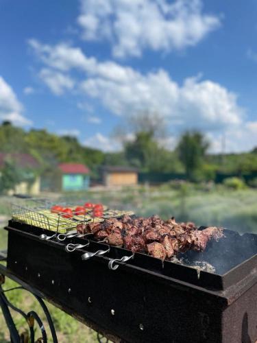 a grill with meat and vegetables on it at Панівецька Садиба in Zubrivka