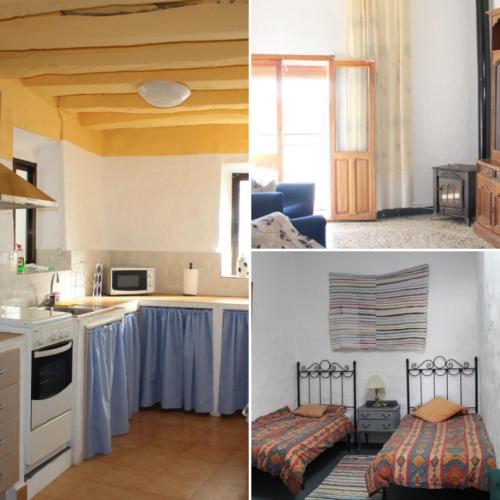 a kitchen and a living room with a counter top at Casa Estrella de las nieves La Alpujarra in Bérchules