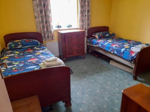 a bedroom with two beds and a dresser and a window at Granny's cottage, a lovely lakeside cottage in Donegal