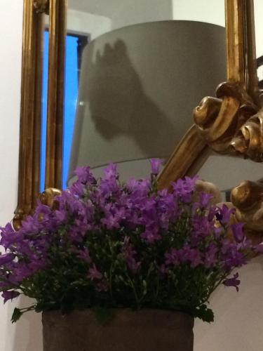 a pot of purple flowers in front of a mirror at Le Stanze del Cardinale in Pavia