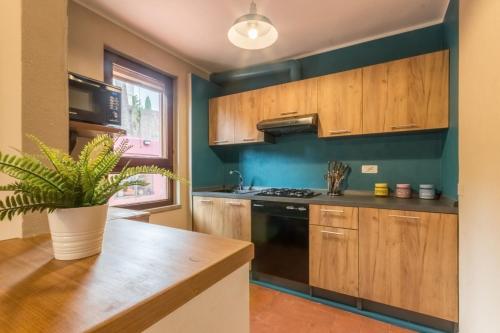 a kitchen with wooden cabinets and a potted plant at Villa con grande giardino ad 800 mt dal mare in Capitana