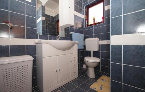 a blue tiled bathroom with a toilet and a sink at Gorgeous Home In Blato With Wifi in Prizba