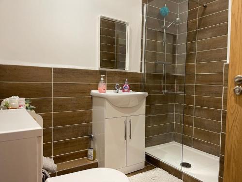 a bathroom with a shower and a sink and a toilet at 3 Floor Prestigious Penthouse Apartment in Bradford