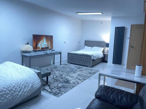 卡地夫的住宿－CF14，一间带两张床和一张沙发的客厅