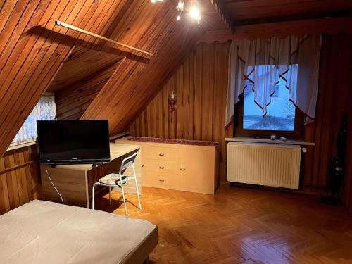 Schlafzimmer mit einem TV, einem Schreibtisch und einem Bett in der Unterkunft Ferienwohnung im Spreewald, Nähe Lübben in Golßen