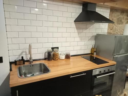 a kitchen counter with a sink and a refrigerator at A Casiña da Ponte in Padrón