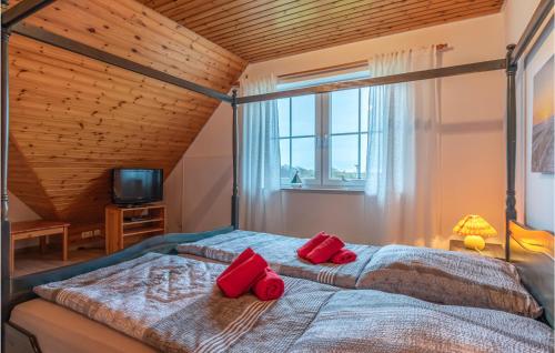 a bedroom with two beds with red pillows on them at Awesome Home In Friedrichskoog-Spitze in Friedrichskoog-Spitz