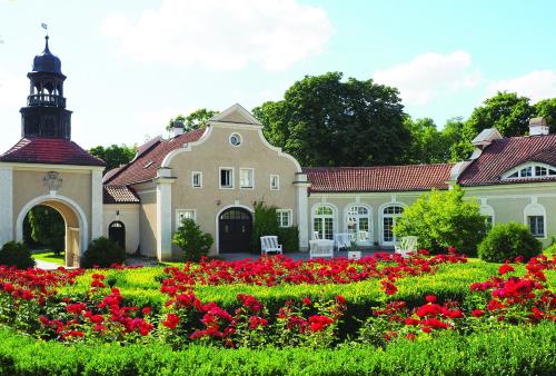 a house with a garden of red flowers at Pałac Galiny in Bartoszyce- Galiny