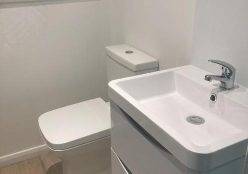 a white bathroom with a sink and a toilet at Woodridge Court in Newton