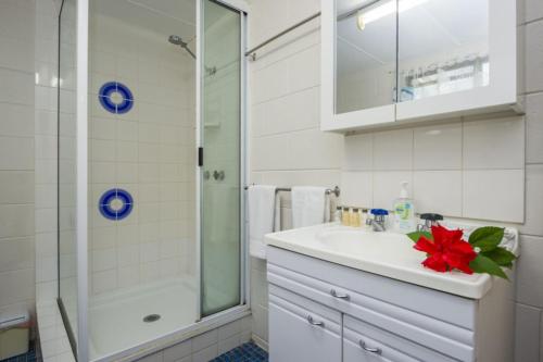 a bathroom with a white sink and a shower at Magnetic North Apartment 1 in Arcadia